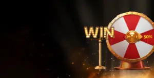 Image showing a red and white spinning wheel with the word WIN, promoting the bonus combo at 1xСлотс with a luxurious theme.